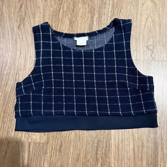 Cooperative Women’s Size Small Navy Blue Tank Top Cropped Grid Plaid Knit Shirt - Picture 1 of 3